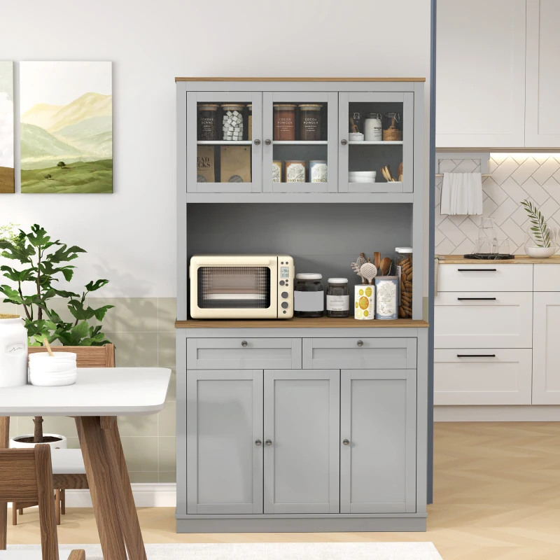 HOMCOM 71" Pantry Cabinet with Microwave Space, Buffet with Hutch, 2 Drawers, Adjustable Shelves and Glass Doors, Grey