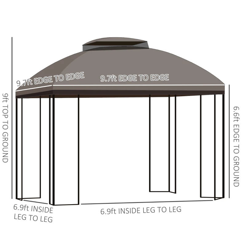 Outsunny 10' x 10' Patio Gazebo with Corner Shelves, Double Roof Outdoor Gazebo Canopy Shelter with Removable Mesh Netting, for Garden, Lawn, Backyard and Deck, Brown