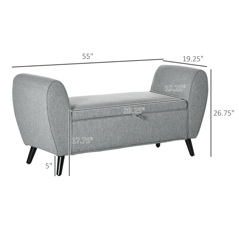 HOMCOM Modern Upholstered Storage Bench with Arms, Linen-Feel Fabric Ottoman Bench for Bedroom Entryway Living Room, Light Gray
