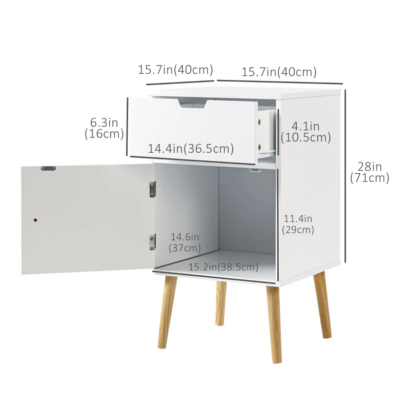 HOMCOM Modern Nightstand, Bedside Table with Drawer and Cupboard, Side End Table with Solid Wood Legs for Bedroom, White