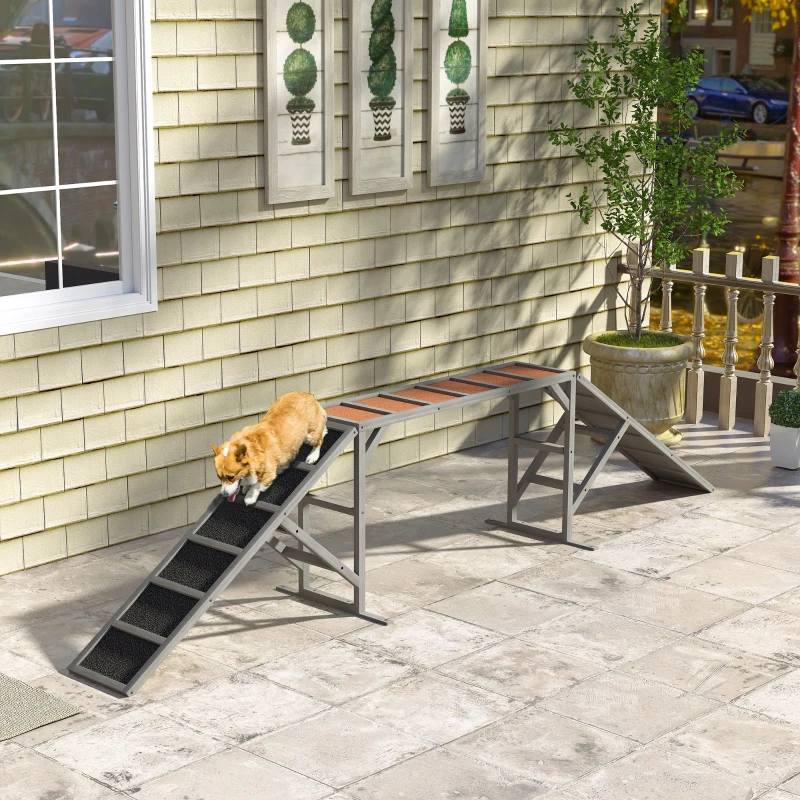 PawHut Dog Agility Equipment Ramp with Safety Bar, Non-slip Surface, for Walk and Pause Training, Gray