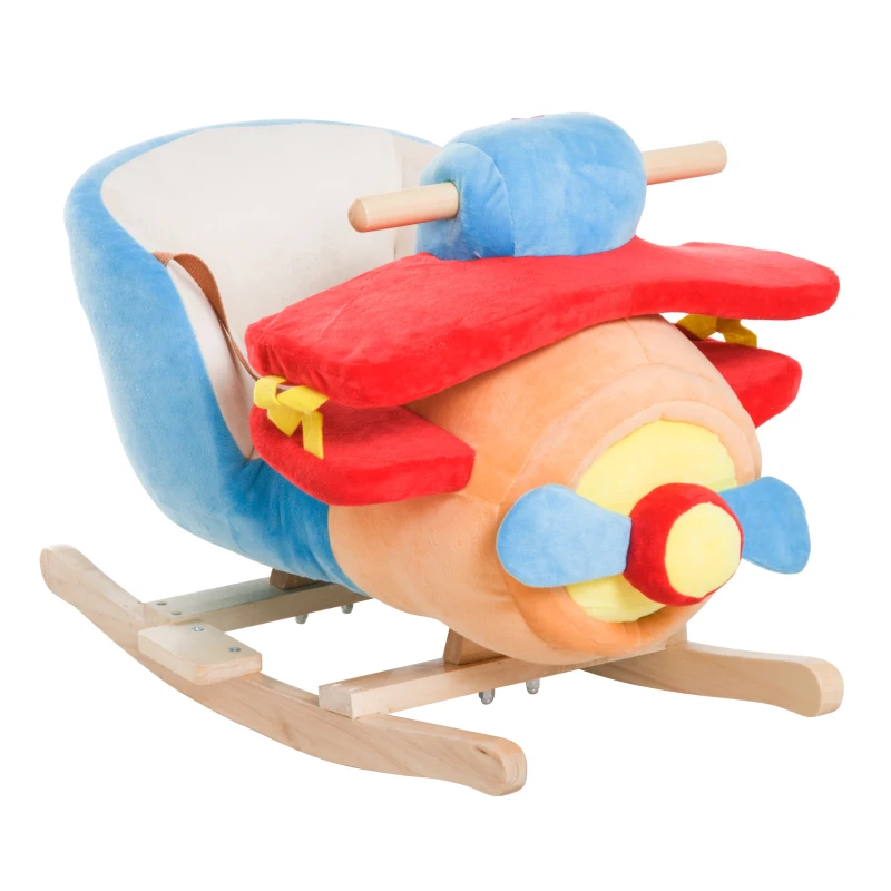 Qaba Kids Rocking Horse, Wooden Plush Ride-on Plane Chair Toy with Lullby Song and Seat Belt for 18 Month +