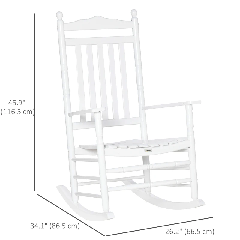 Outsunny Wooden Outdoor Rocking Chair, Patio Rocking Chair with Slatted High Back and Armrests for Porch, Garden, Lawn, White