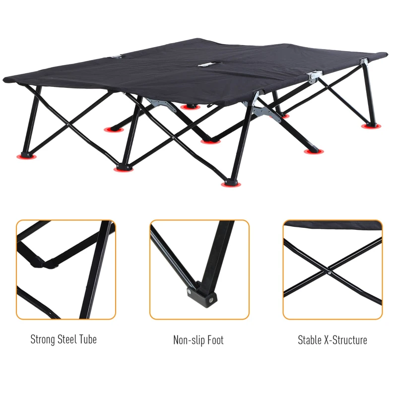 Outsunny 76" Two Person Folding Camping Cot Outdoor Portable Double Cot Wide Military Sleeping Bed w/ Carrying Bag Black