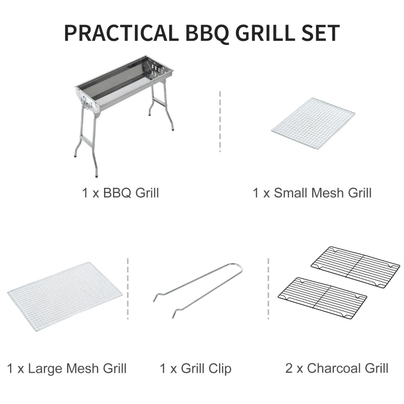 Outsunny 28.75" Portable Folding Stainless Steel Charcoal BBQ Grill for Outdoor Camping Backyard Cook, Silver