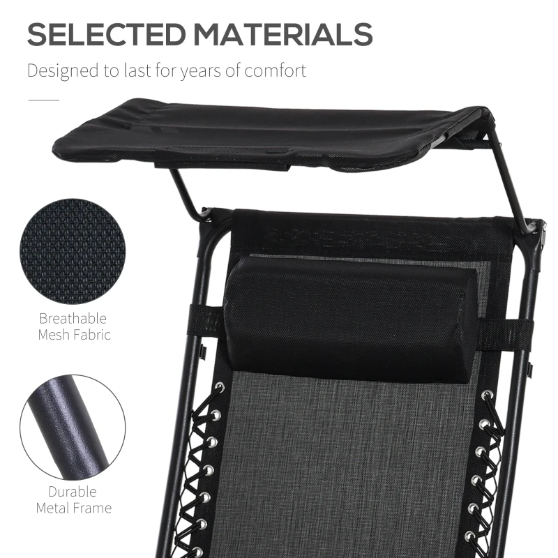Outsunny Outdoor Zero Gravity Reclining Lounger Chair with Canopy Shade, Side Tray, Cupholder, Black