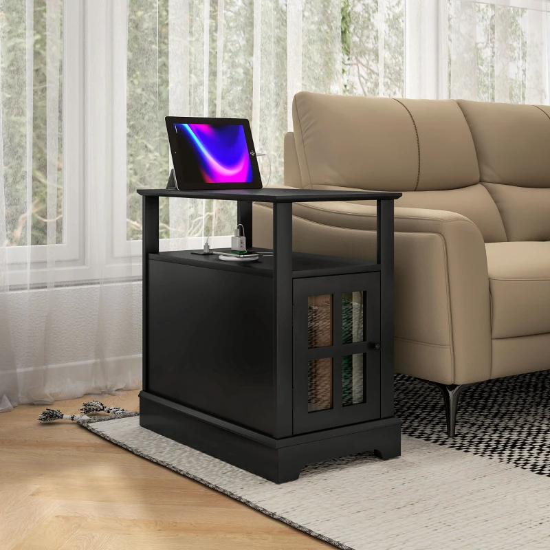HOMCOM Narrow Side Table End Table with Charging Station, USB Ports, Modern End Table with Storage for Living Room, Black
