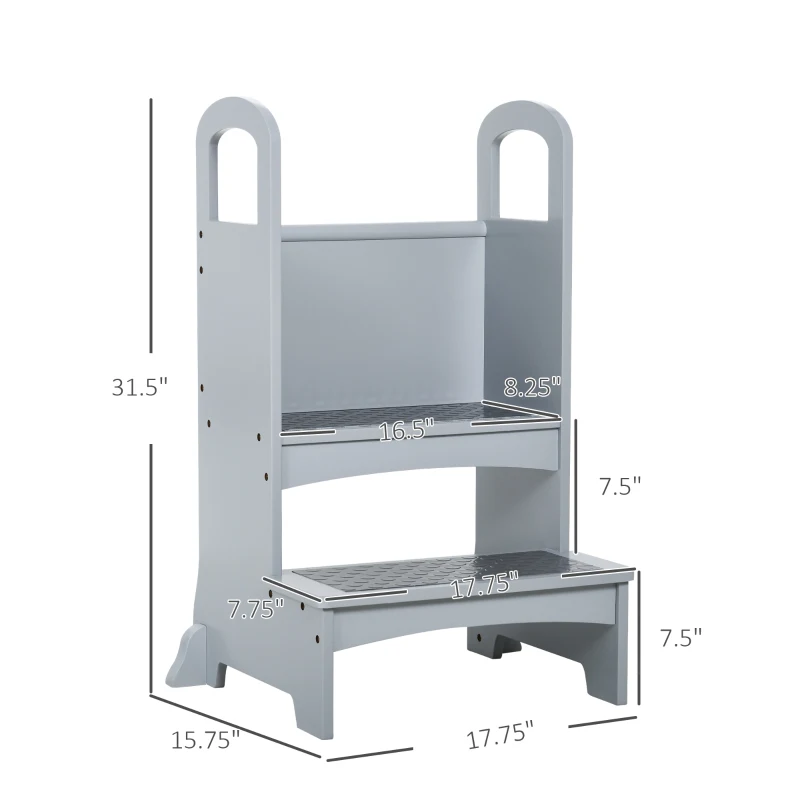 Qaba Toddler Tower Kitchen Helper for Children with 2 Non-Slip Steps and Support Handles - Grey