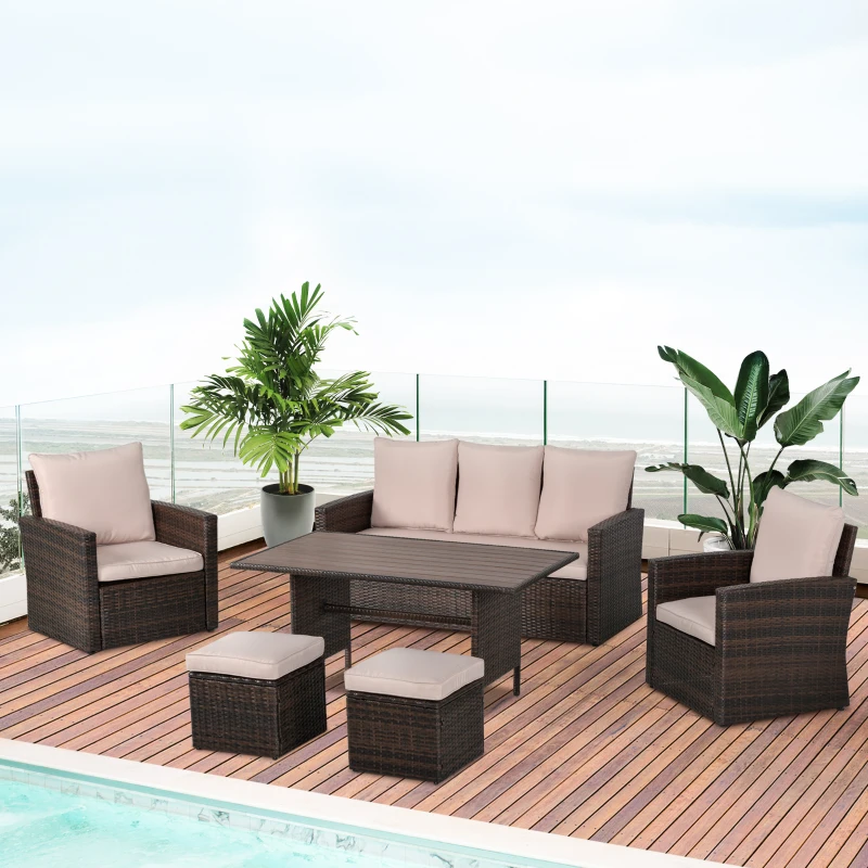 Outsunny Patio Dining Set, PE Rattan Furniture w/ 2 Chairs, Cushions & 3-Seat Sofa, Woodgrain Slatted Dinner Table, Beige