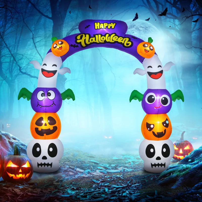 Outsunny 8ft Inflatable Halloween Archway with Pumpkin Skulls Ghosts Bats Archway Beams and Yellow Lettering