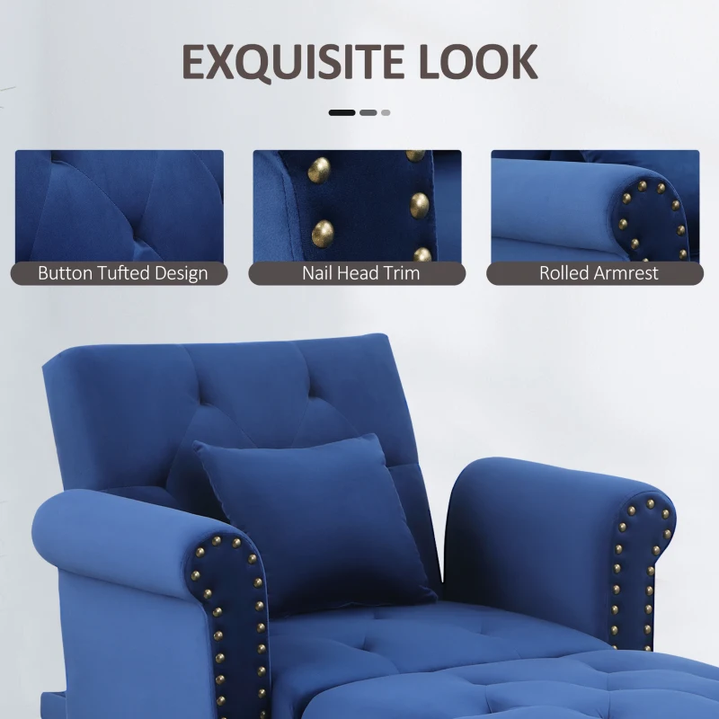 HOMCOM 2-In-1 Chaise Lounge Indoor with Rolled Armrest, Nailhead Trim and Button Tufting, Adjustable Velvet Fabric Upholstered Sofa for Bedroom and Living Room, Blue