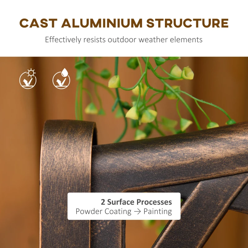 Outsunny Metal Garden Bench for Front Porch, Loveseat Like 2 Person, Armrests, Copper Color Cast Aluminum, Weaving Latticework Outdoor Furniture, Bronze Color