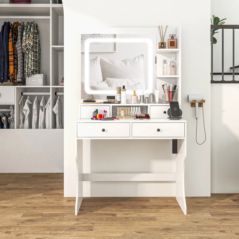 HOMCOM Dressing Table with Lighted Mirror, Vanity Table with Charging Station, USB Ports, Drawers, Storage Shelves, White