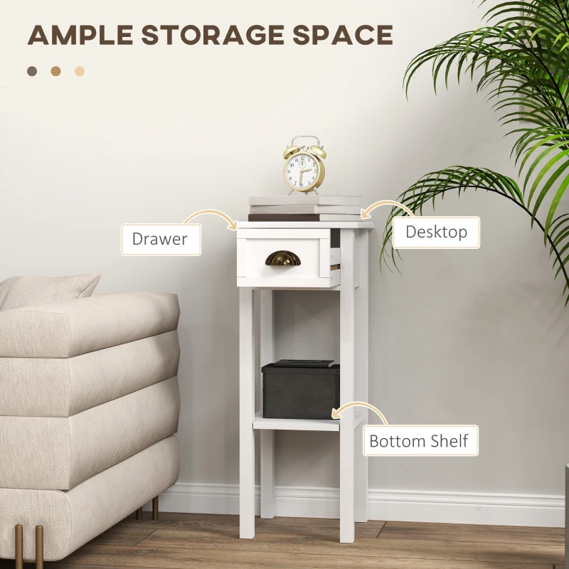 HOMCOM 2-Tier Side Tables Set of 2 with Drawer and Shelf, 2 Pieces End Tables for Living Room and Hallway, White