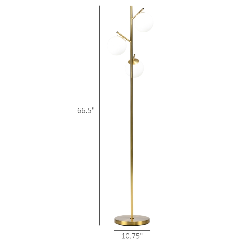 HOMCOM Modern 3-Light Floor Lamp for Living Room, Tree Standing Lamp with Globe Lampshades, 10.75"x10.75"x66.5", Gold