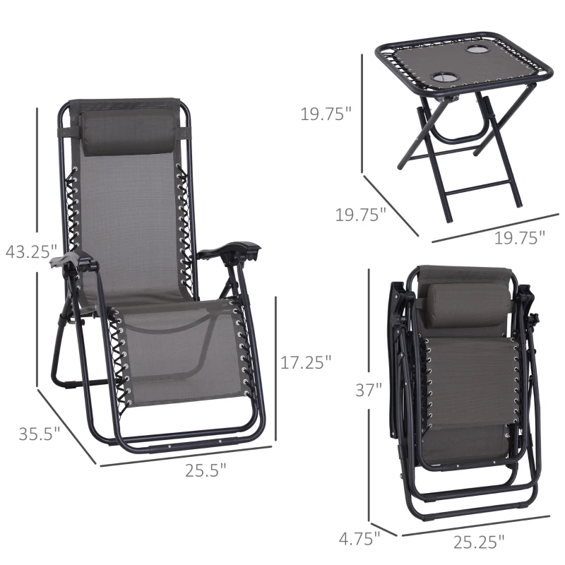 Outsunny Zero Gravity Chair Set of 2 Patio Chair with Side Table Cupholders and Pillows for Pool, Backyard, Lawn, Beach, Grey