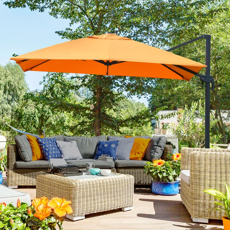 Outsunny 9.8x9.8ft Cantilever Umbrella Rotatable Square Top Market Parasol with 4 Adjustable Angle for Backyard Patio Outdoor Area Orange