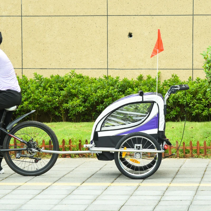 Aosom Foldable Bike Trailer for Kids, Toddler Carrier with 2 Seats, Safety Flag, Light Reflectors, & 5 Point Harness, Purple