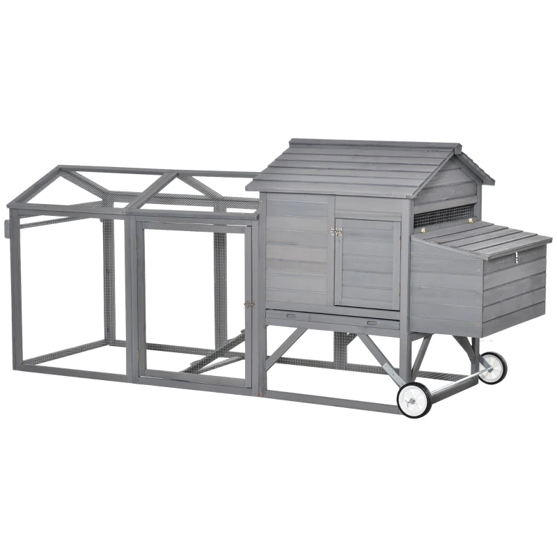 PawHut 96.5" Chicken Coop Wooden Hen House Poultry Cage Pen Portable with Wheels and Nesting Box, Chicken Cage for Backyard Outdoor, Gray