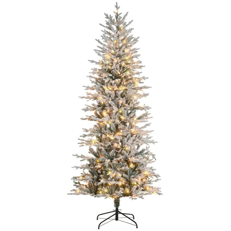 HOMCOM 7.5' Pre Lit Artificial Flocked Christmas Trees, with Snow Branches, Warm Yellow Clear Lights, Auto Open, Extra Bulb