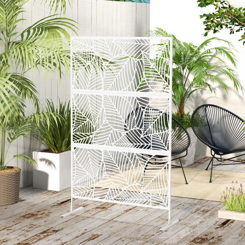 Outsunny 6.5FT Decorative Outdoor Divider, Metal Privacy Screen with Stand, Large Leaf Style, White