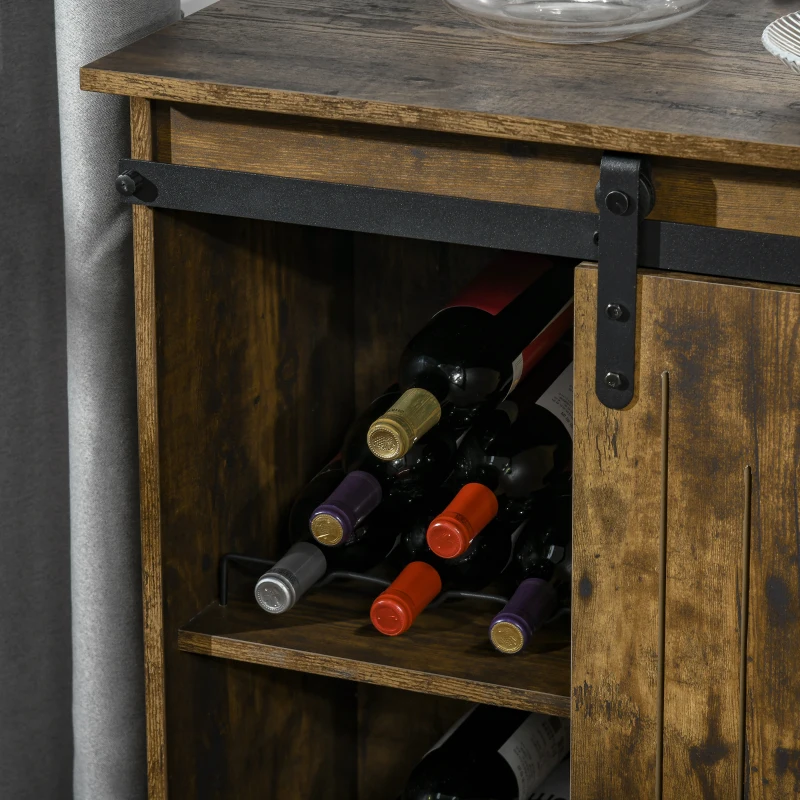 HOMCOM Industrial Wine Cabinet, Sideboard Storage Cabinet, Serving Bar Buffet with Sliding Barn Door and 6-Bottle Wine Rack, Brown