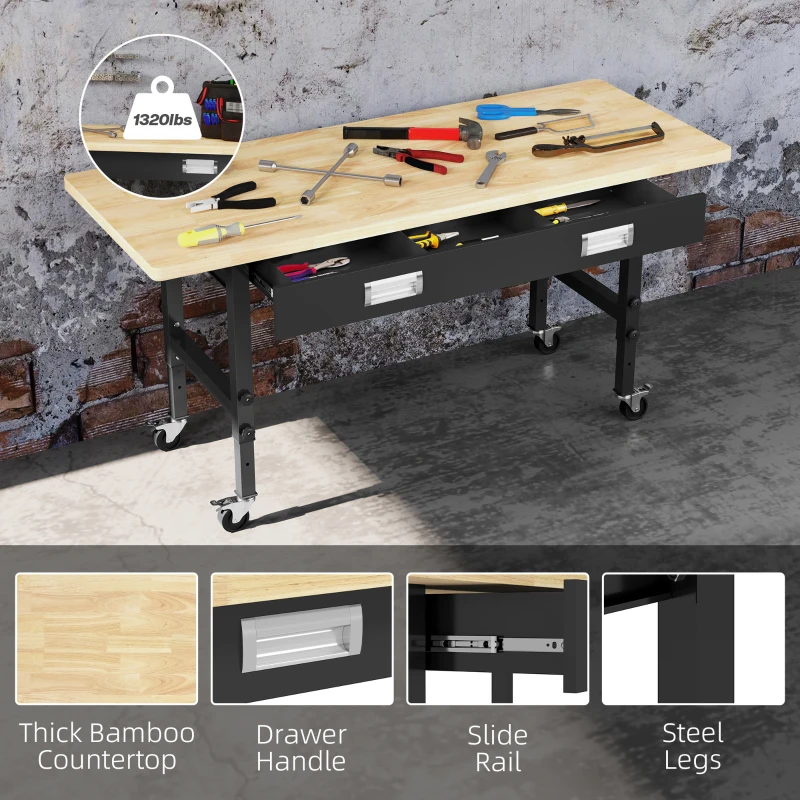 HOMCOM 59" Work Bench with Drawer, Height Adjustable Legs, Bamboo Tabletop Workstation Tool Table on Wheels for Garage, Weight Capacity 1320 Lbs, Black/Natural