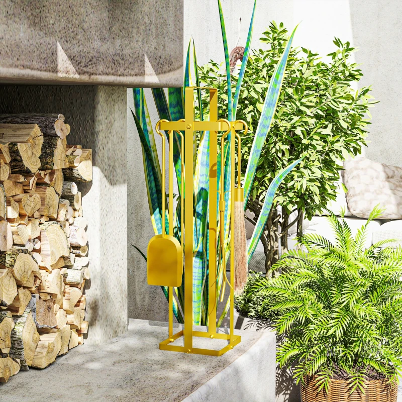 Outsunny 5 Piece Metal Fireplace Tools Set with Brush Broom, Poker, Shovel, Tongs, and Stand for Indoor or Outdoor, Gold