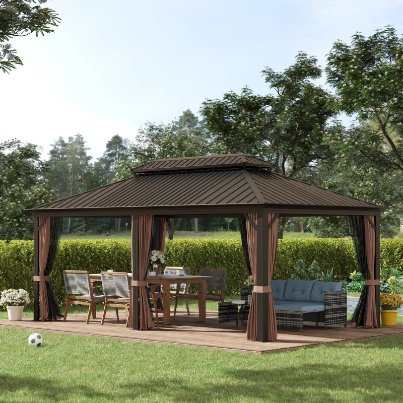 Outsunny 12' x 20' Hardtop Gazebo with Curtains and Netting, Permanent Pavilion Metal Double Roof Gazebo Canopy with Aluminum Frame and Hooks, for Garden, Patio, Backyard, Brown
