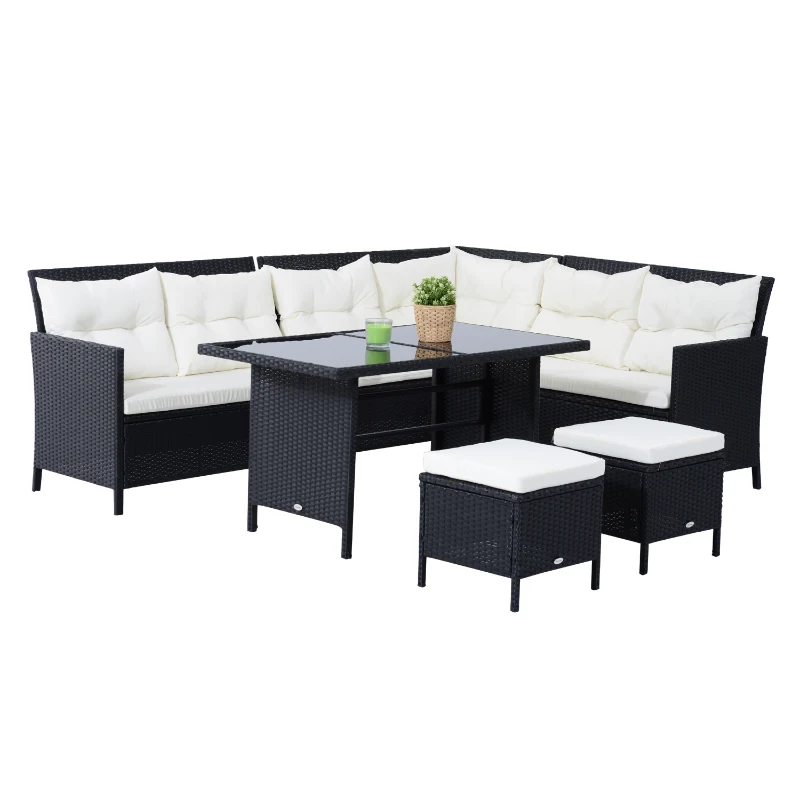 Outsunny 6pcs Outdoor Rattan Sofa Set Garden Wicker Sectional Couch Furniture Set with Dining Table and Chair White