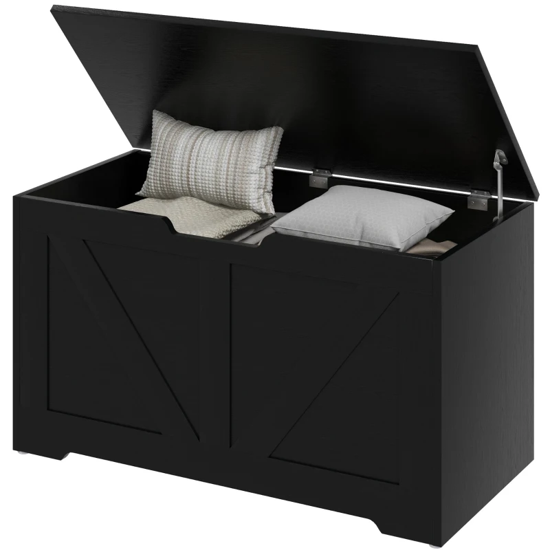 HOMCOM 31.5 Inches Storage Chest, Storage Trunk with 2 Safety Hinges, Wooden Box for Living Room, Black Wood Grain