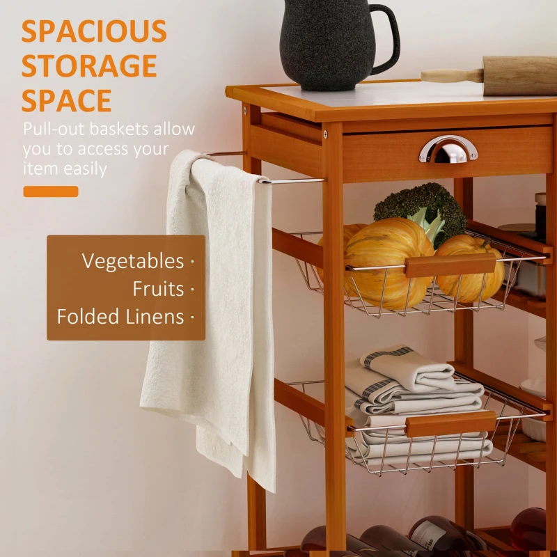 HOMCOM Rolling Kitchen Trolley Cart 4 Tier Storage Wooden Table Rack 2 Drawers Baskets Countertop