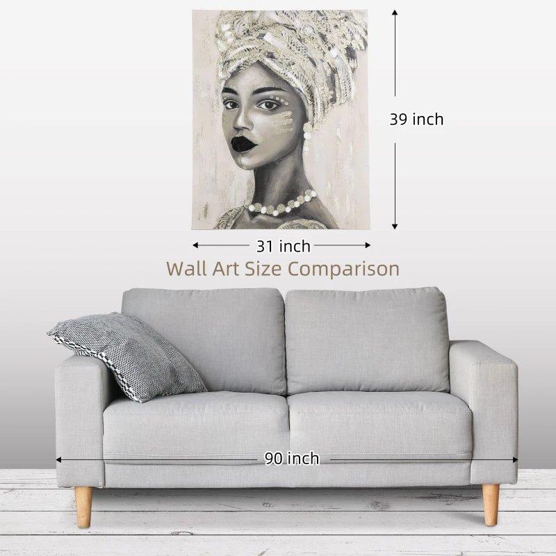 HOMCOM Hand-Painted Canvas Wall Art for Living Room Bedroom, Painting Gold African Woman, 39.25" x 31.5"