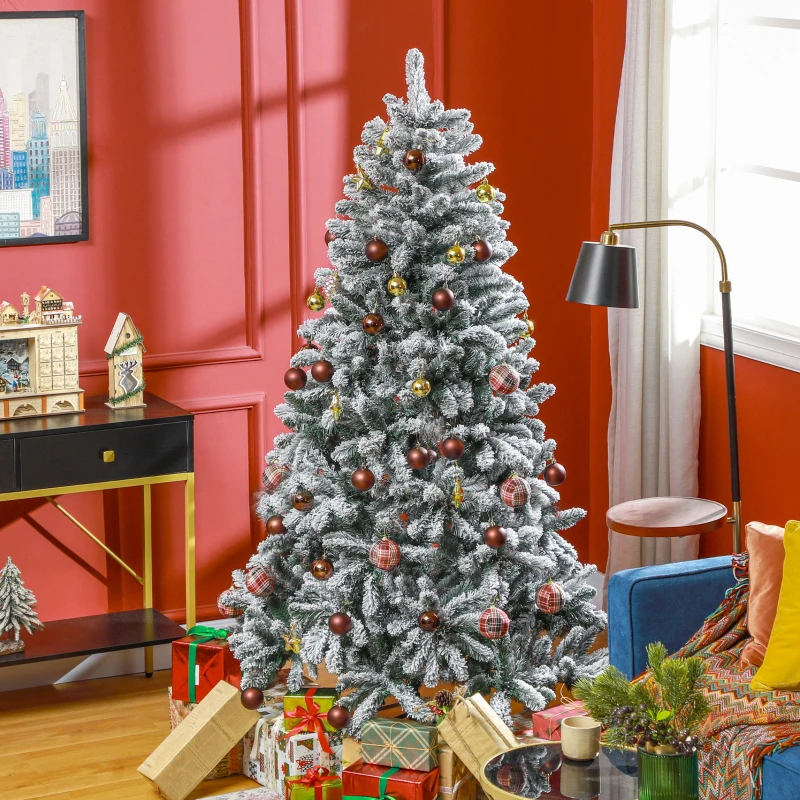 HOMCOM 7 Foot Artificial Flocked Christmas Tree with Snow, Metal Stand, Hinged Xmas Tree for Home Office Holiday