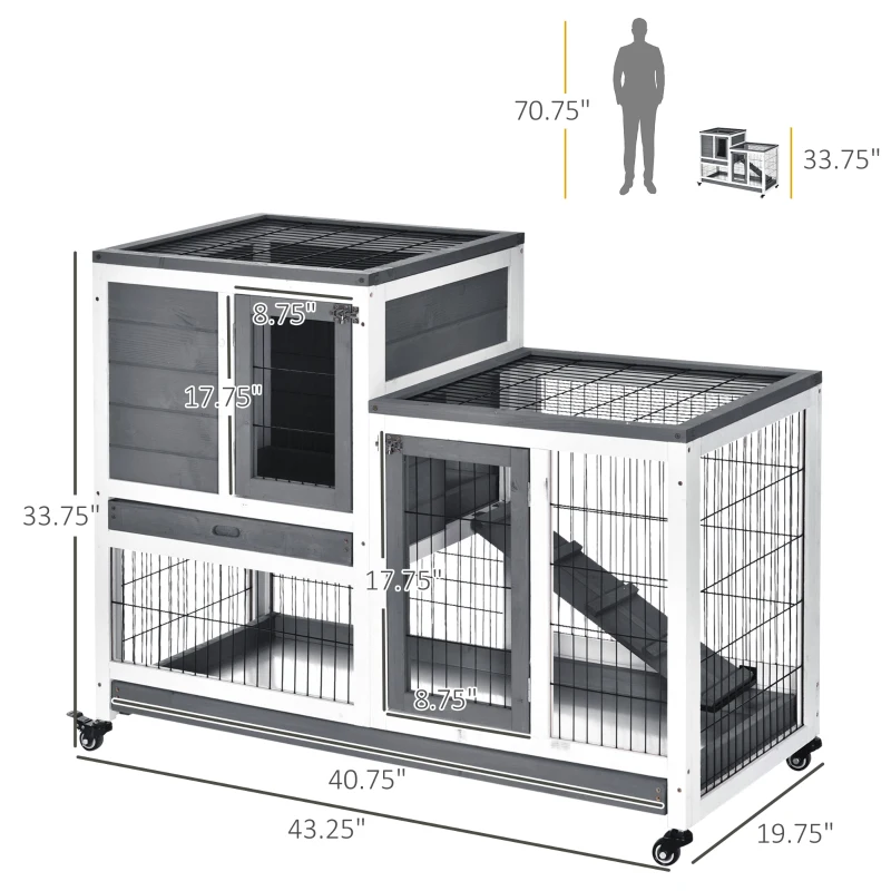 PawHut Wooden Rabbit Hutch, Indoor Bunny Cage with Wheels, Pull Out Trays, Run, Grey