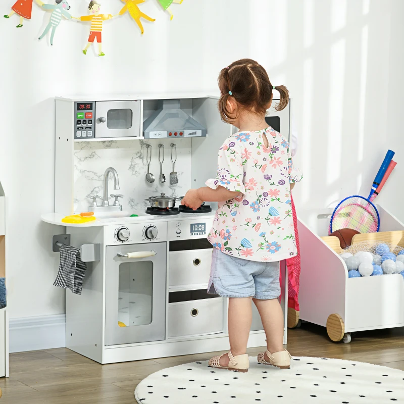 Qaba Play Kitchen Set for Kids W/ Lights Sounds, Apron and Chef Hat, White