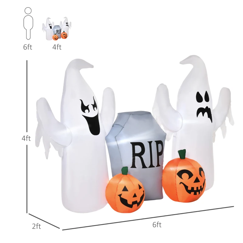 HOMCOM 4ft Halloween Inflatable Ghosts with Tombstone and Pumpkin, LED Lighted for Home Indoor Outdoor Garden Lawn Decoration Party Prop