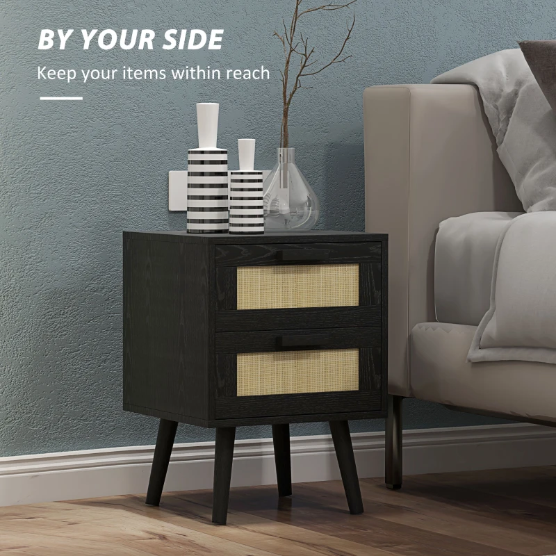 HOMCOM Boho Nightstands Set of 2, Bedside Tables with 2 Drawers for Living Room, Bedroom, Black