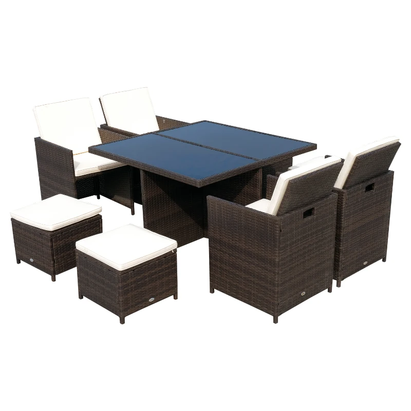 Outsunny 9pcs Rattan Dining Set Garden Wicker Sectional Sofa Set Outdoor Patio Furniuter All Weather Brown