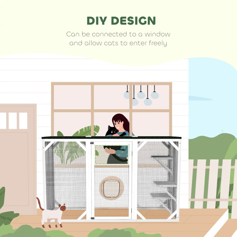 PawHut Catio Outdoor Cat Enclosure with Waterproof Roof, Multi-Level Platforms, Lock, White