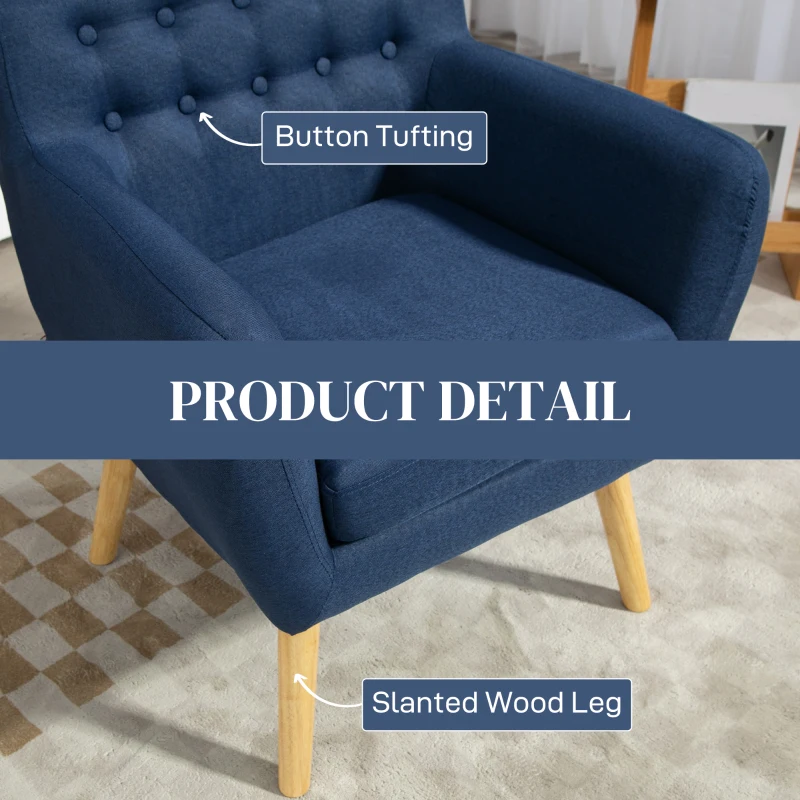 HOMCOM Linen Upholstery Armchair, Mid-Century Modern Accent Chair with Wood Frame and Thick Padding, Blue