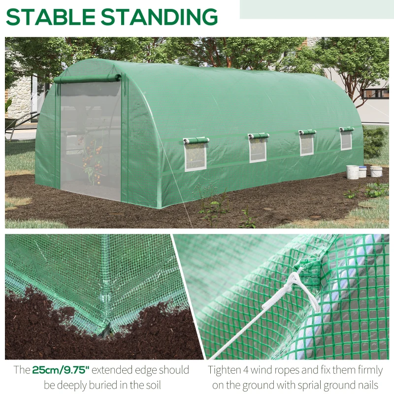 Outsunny Steel Frame Walk-In Tunnel Greenhouse Garden Warm House Large Hot House Kit with Windows & Door, 19' x 10' x 7', Green