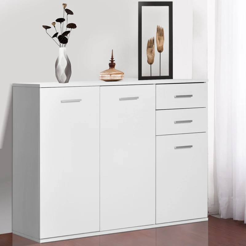 HOMCOM High Gloss Sideboard with 2 Drawers and 3 Doors, Buffet Cabinet with Adjustable Shelf, Coffee Bar Cabinet with Storage, White