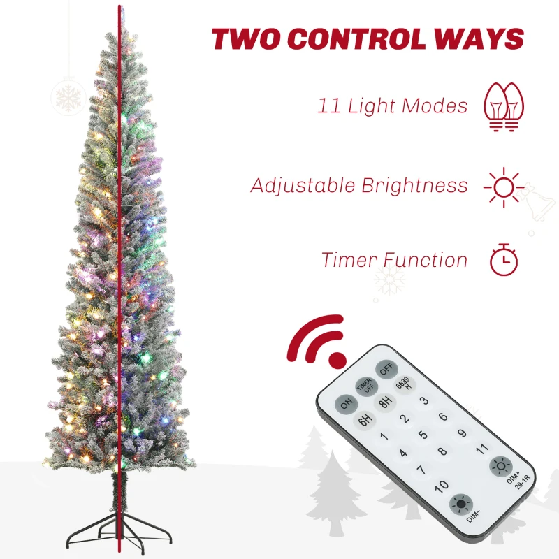 HOMCOM 9 ft Pencil Christmas Tree, Pre-Lit Flocked Xmas Tree with Dual Color LED Lights, 895 Tips and Metal Stand, Green