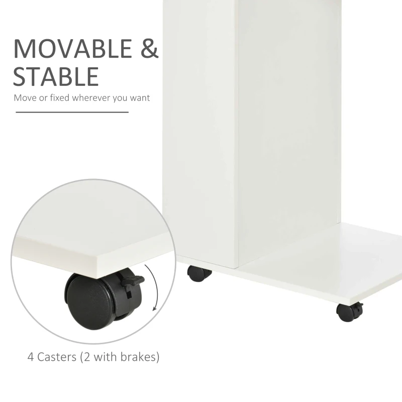 HOMCOM C-Shaped Sofa Side Table Mobile End Table with Storage and Wheels for Living Room,Office, White