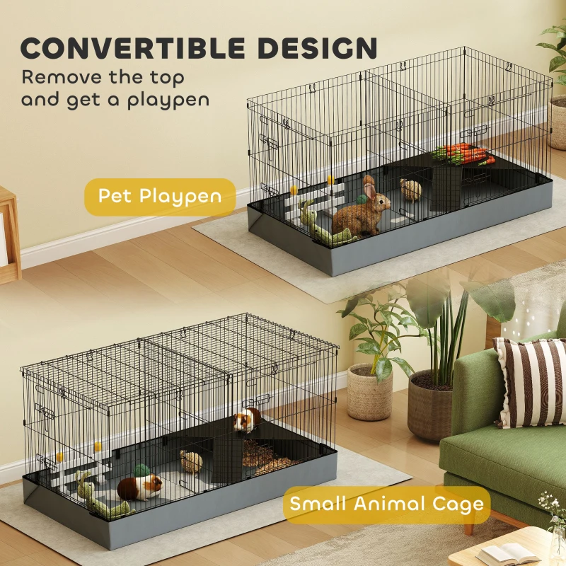 PawHut Guinea Pig Cage with Removable Top, 2 Separate Area, Waterproof Bottom Liner, Ramp, Perch, for Rabbits, Hedgehogs