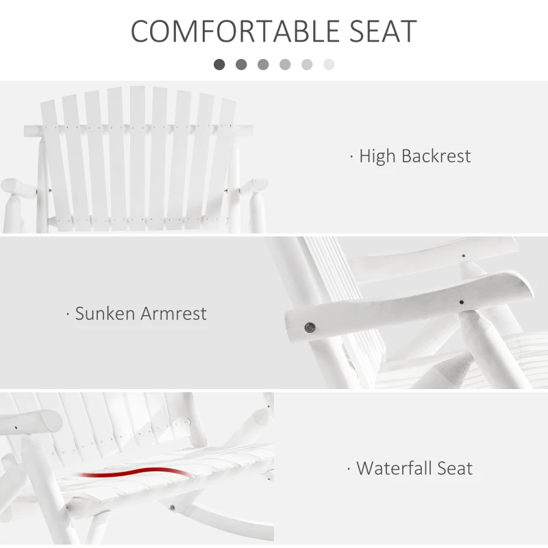 Outsunny Outdoor Wooden Rocking Chair, Double-Person Adirondack Rocking Patio Chair with Rustic High Back, Slatted Seat and Backrest for Indoor, Backyard, Garden, White