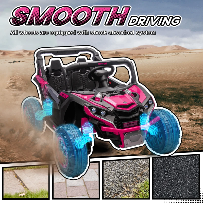 Qaba 24V 7AH Ride on Car, 2 Seater 4 MPH Ride on UTV with 4 Shock Absorbers, Music Horn LED Lights, for 3-8 Years, Pink