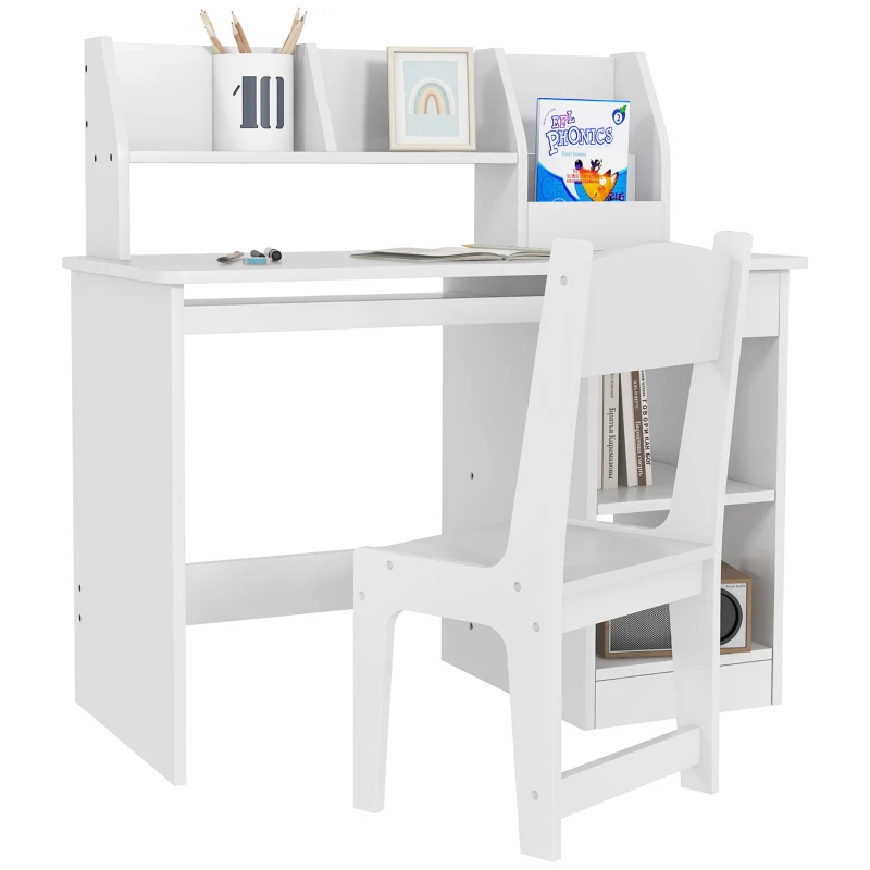 Qaba Kids Desk and Chair Set for 5-8 Year Old with Storage, Study Table and Chair for Children, White