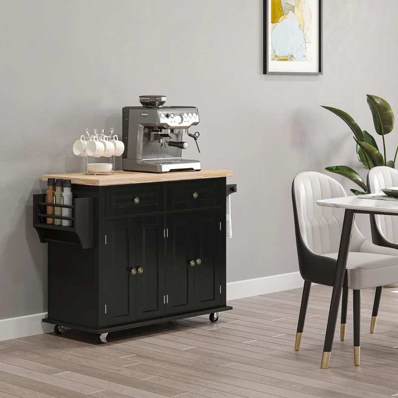 HOMCOM Rolling Kitchen Island with Rubber Wood Top and Storage, Spice Rack, Towel Rack, Black
